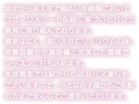 幼児から成人まで幅広い年齢層においてワガノワメソード伝統に基づいたバレエ教育に取り組んでおります。教室は広く、高い天井にリノリウムの床、音響設備や空調設備と充実した環境でレッスンに打ち込めます。本部教室では駅からの送迎バス運行もございますので、小さなお子様からご年配の方まで安心してご通学いただけます。